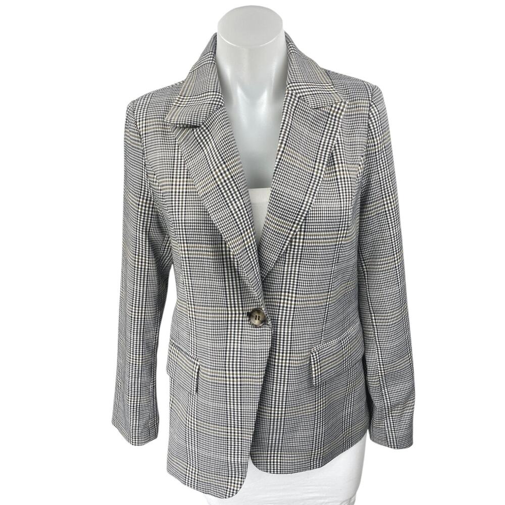 Aqua Women's Gray Plaid Houndstooth Long Sleeve Peak Lapel Blazer Jacket Sz S